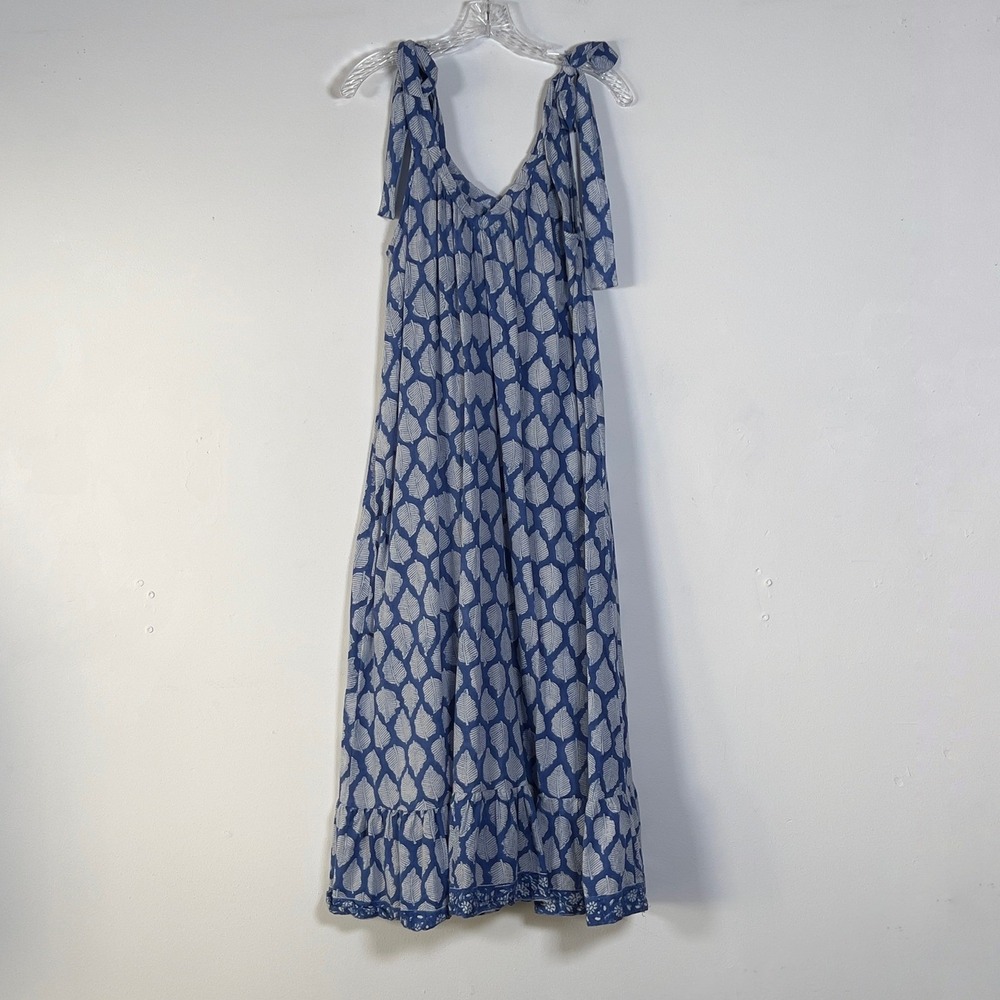 Karni Tie Shoulder Sun Dress Women Sz XS Blue Leaf Print Sleeveless Cotton Boho
